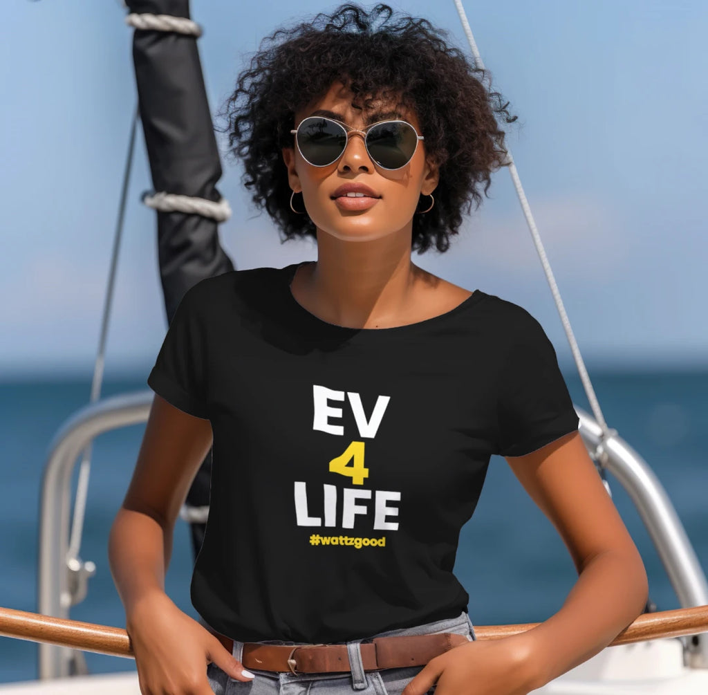 Woman on a sailboat wearing the black Wattz Good "EV 4 Life" graphic tee