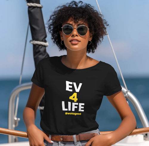 Woman on a sailboat wearing the black Wattz Good "EV 4 Life" graphic tee