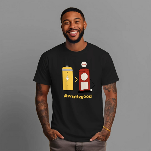 Man wearing the black Wattz Good "EV over GAS" graphic tee with a battery and gas pump design