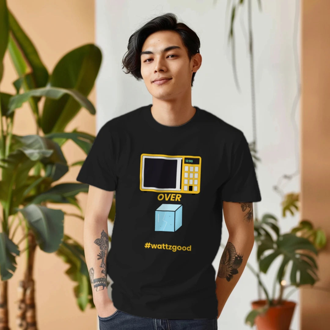 Man wearing the black Wattz Good "Microwave over ICE" graphic tee with a microwave and ice cube design