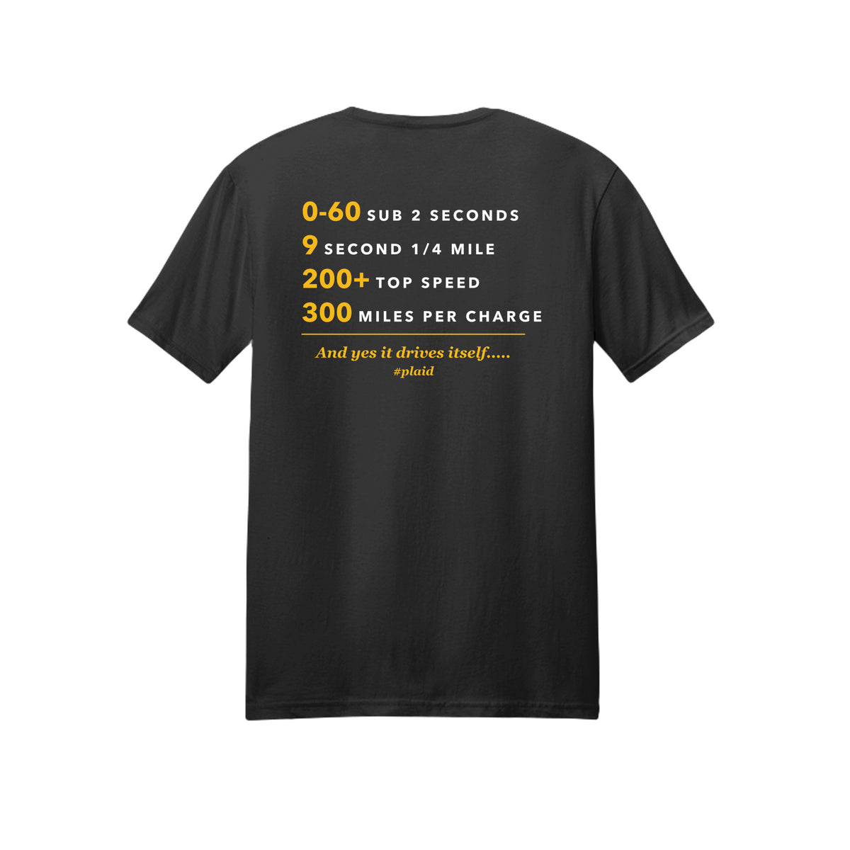 Back of the black Wattz Good Plaid Stats Tee: 0-60 sub 2 seconds, 9 second 1/4 mile, 200+ top speed, 300 miles per charge
