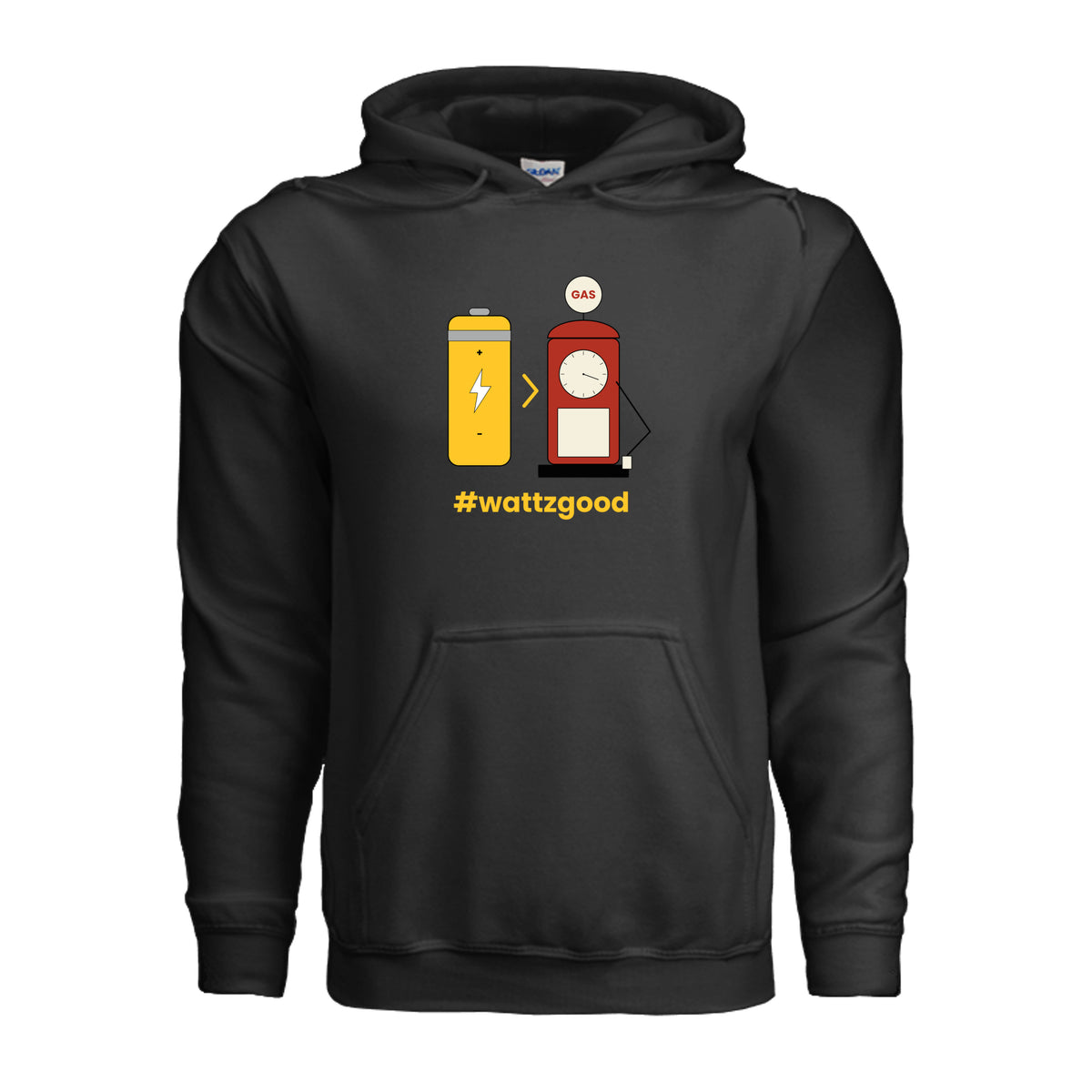 Front of the black Wattz Good EV over GAS hoodie