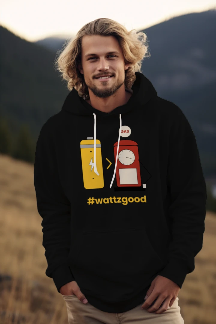 Person wearing the black Wattz Good EV over GAS hoodie, lifestyle photo