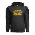 Front of the black Wattz Good I Run on Electrons and Bad Decisions EV hoodie