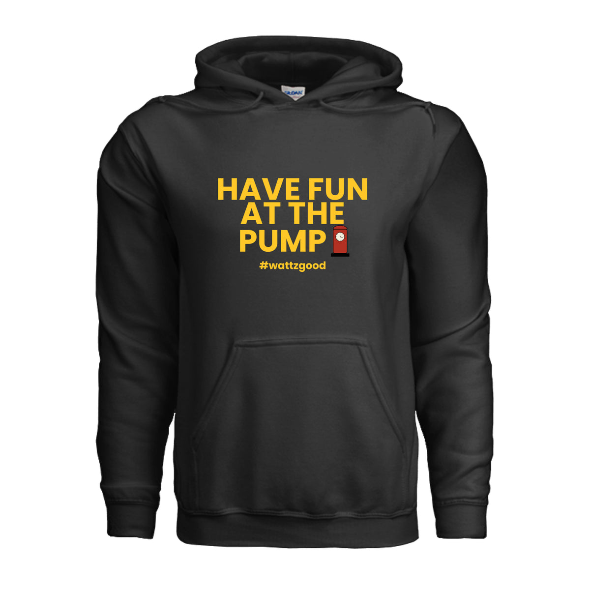 Front of the black Wattz Good Have Fun at the Pump EV hoodie