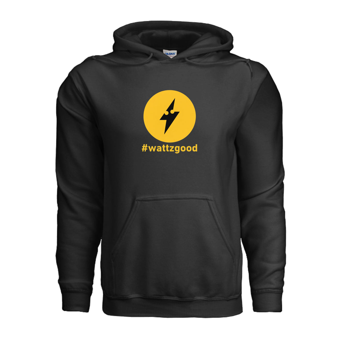 Front of the black Wattz Good Wattz Logo EV hoodie