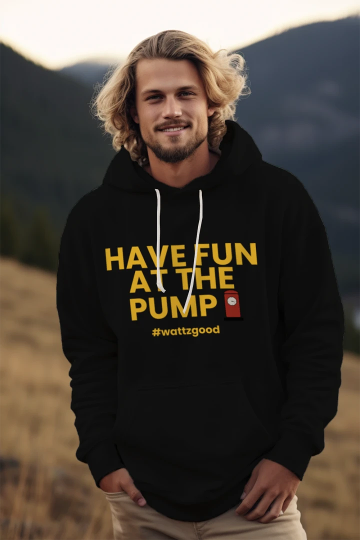 Person wearing the black Wattz Good Have Fun at the Pump EV hoodie, lifestyle photo