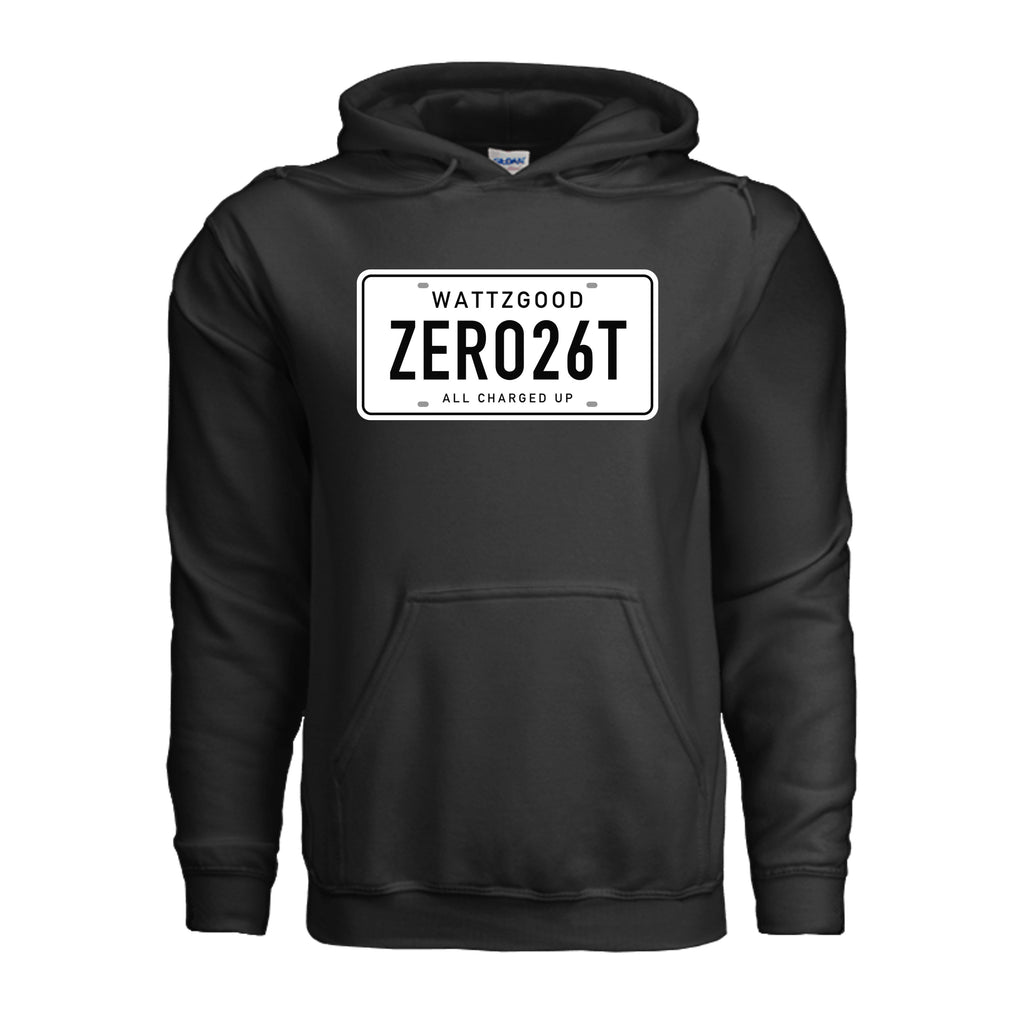 Front of the black Wattz Good ZERO26T License Plate EV hoodie