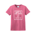 Watt a Girl Wants women's EV graphic t-shirt in neon pink