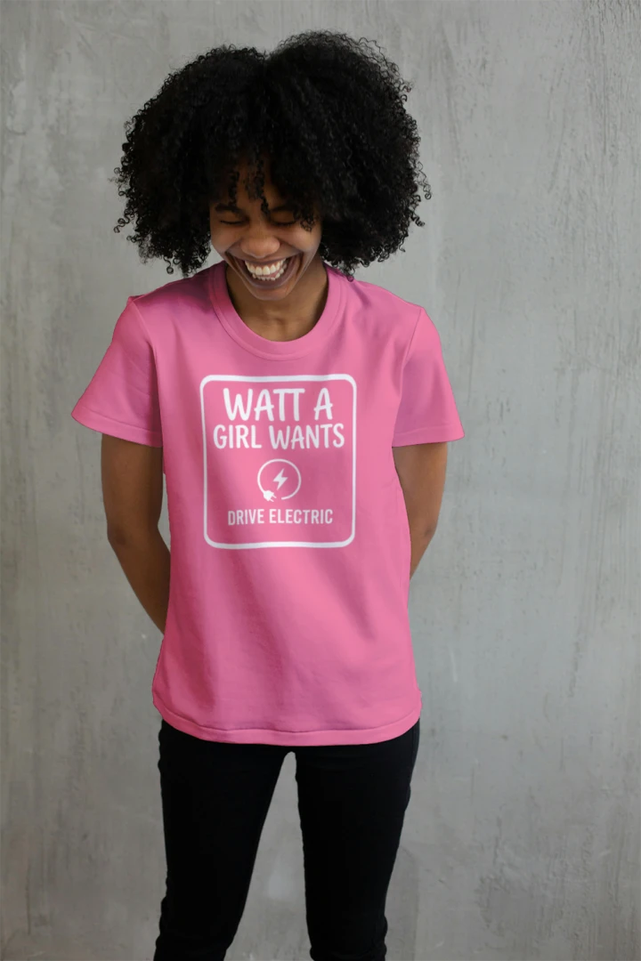 Woman wearing the Watt a Girl Wants women's EV graphic t-shirt, lifestyle photo