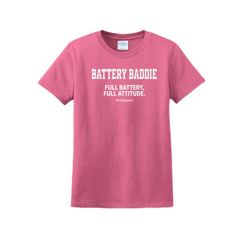 Battery Baddie women's EV graphic t-shirt in neon pink