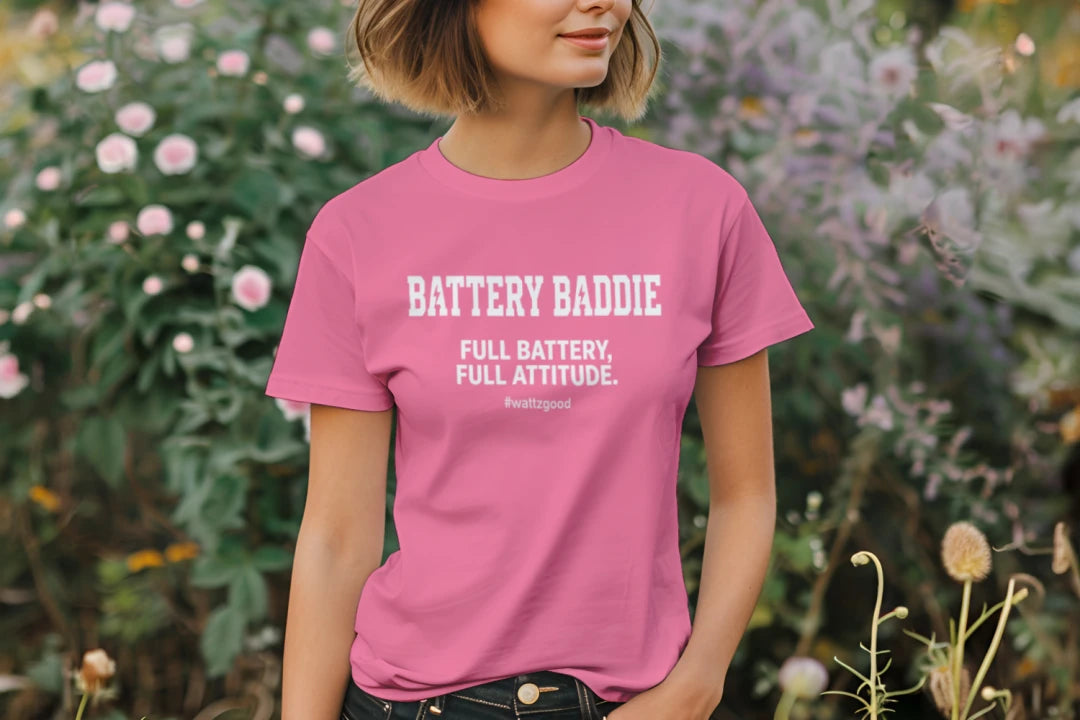 Woman wearing the Battery Baddie women's EV graphic t-shirt, lifestyle photo
