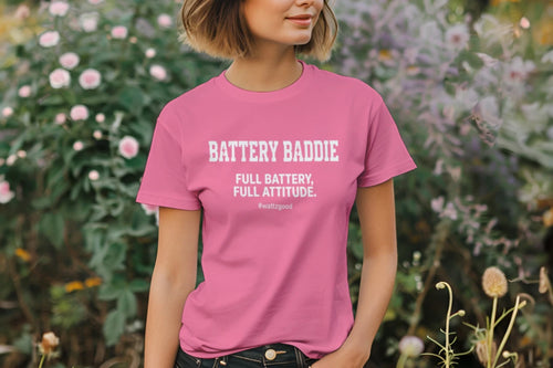 Woman wearing the Battery Baddie women's EV graphic t-shirt, lifestyle photo