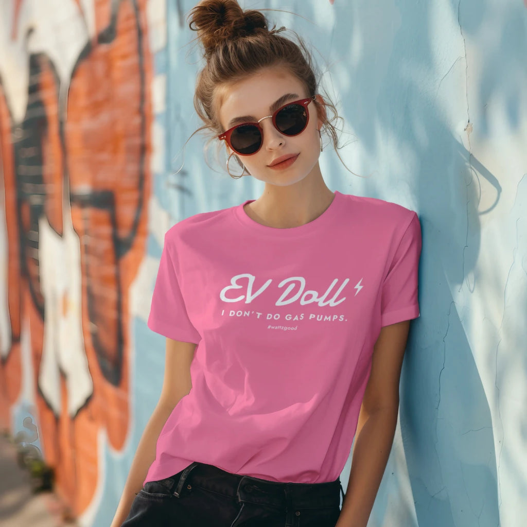 Woman wearing the EV Doll women's EV graphic t-shirt, lifestyle photo
