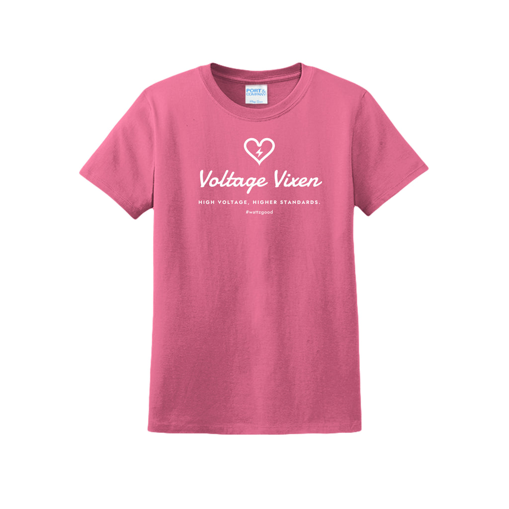 Voltage Vixen women's EV graphic t-shirt in neon pink