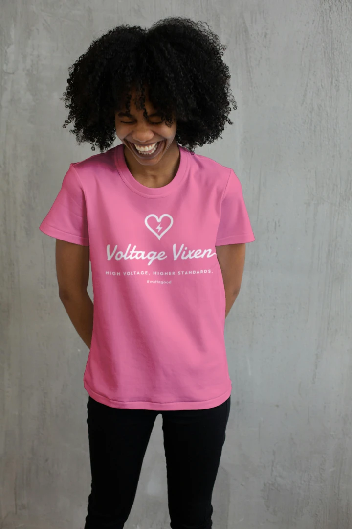 Woman wearing the Voltage Vixen women's EV graphic t-shirt, lifestyle photo