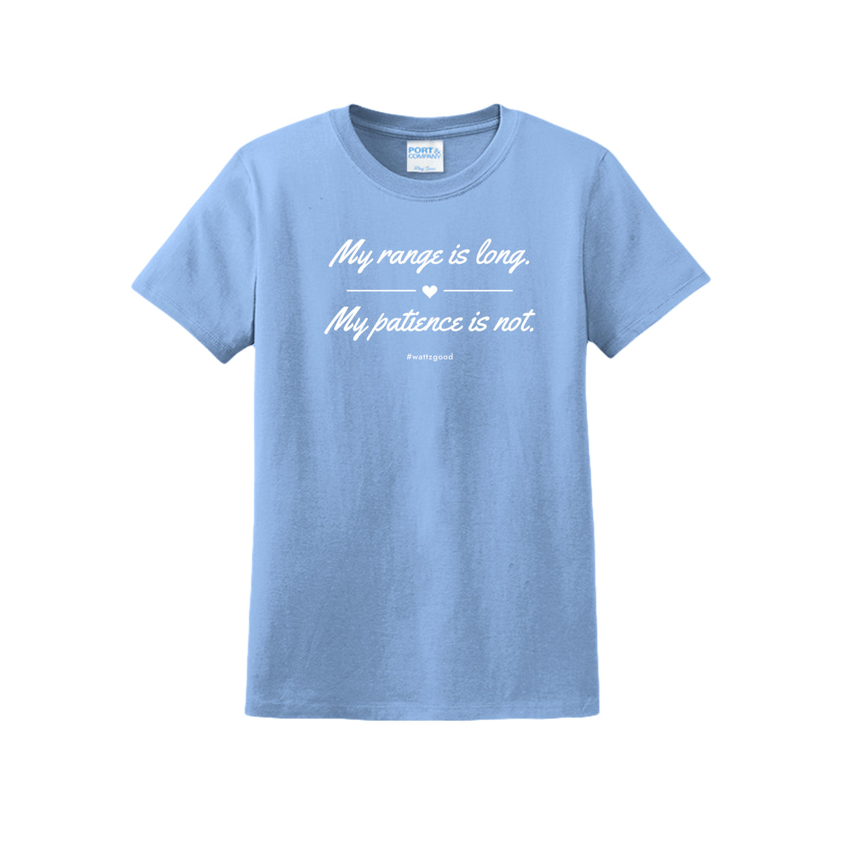 My Range Is Long women's EV graphic t-shirt in light blue