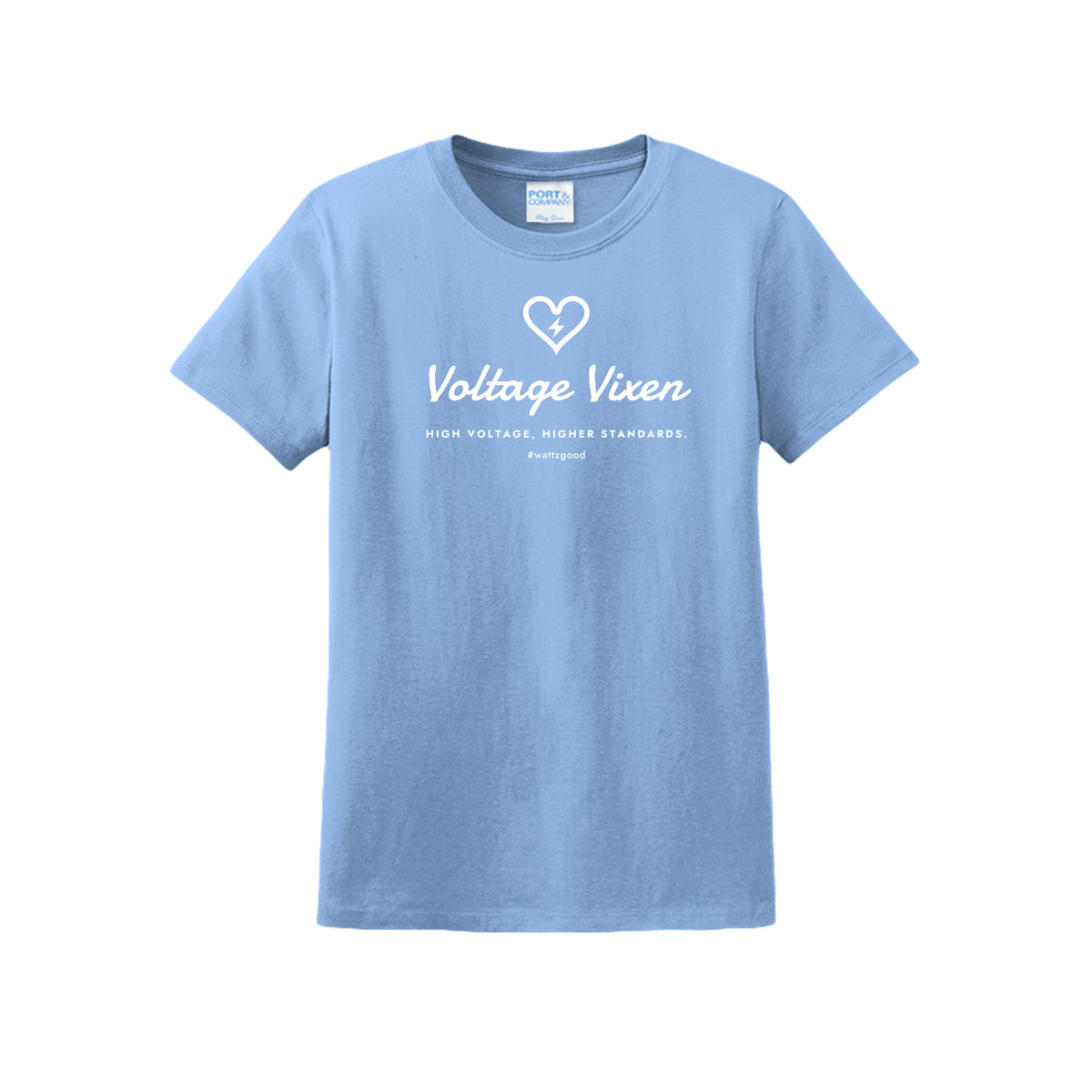Voltage Vixen women's EV graphic t-shirt in light blue