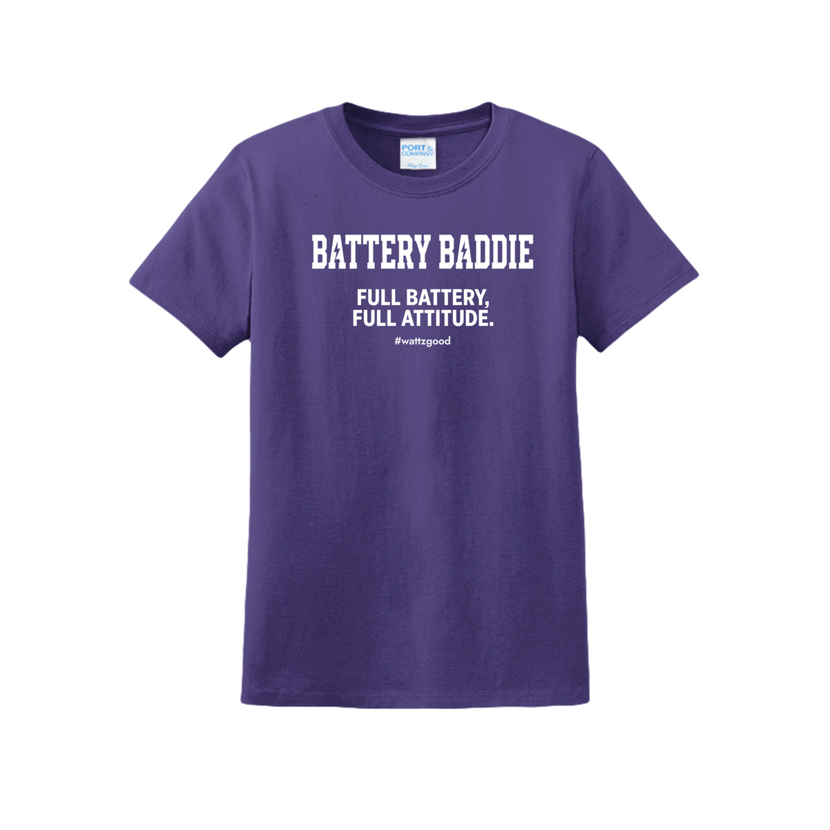 Battery Baddie women's EV graphic t-shirt in purple