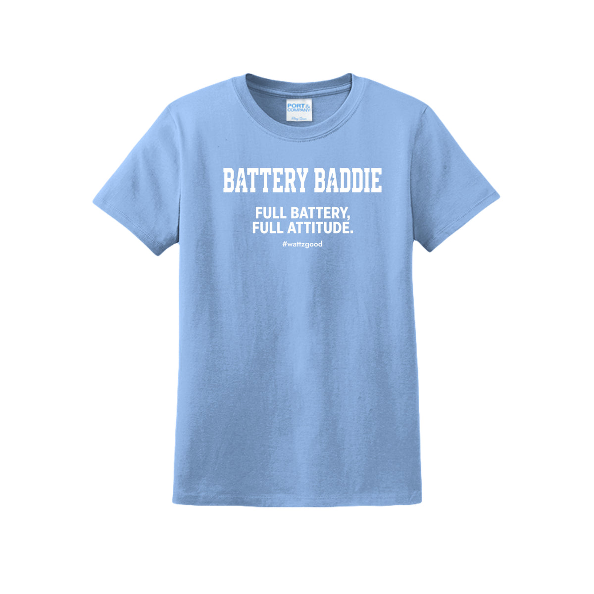 Battery Baddie women's EV graphic t-shirt in light blue