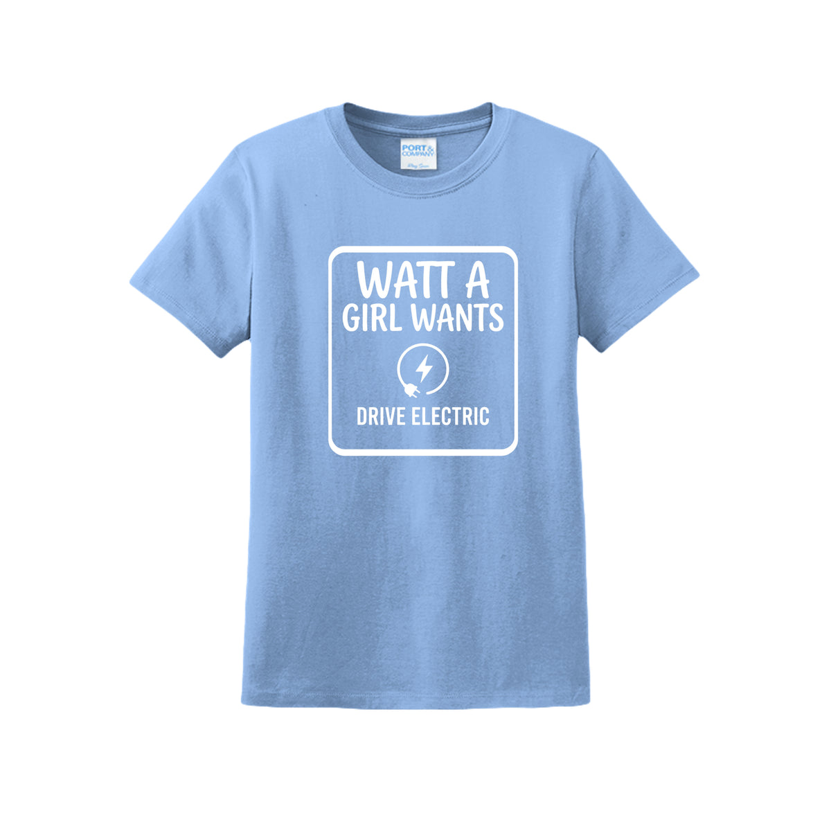 Watt a Girl Wants women's EV graphic t-shirt in light blue