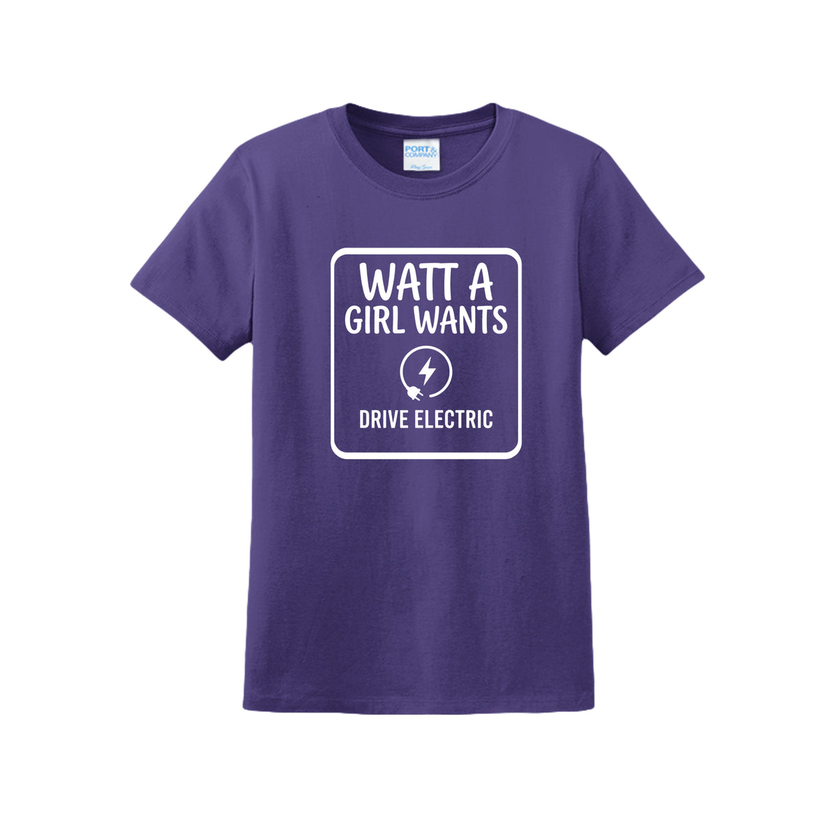 Watt a Girl Wants women's EV graphic t-shirt in purple