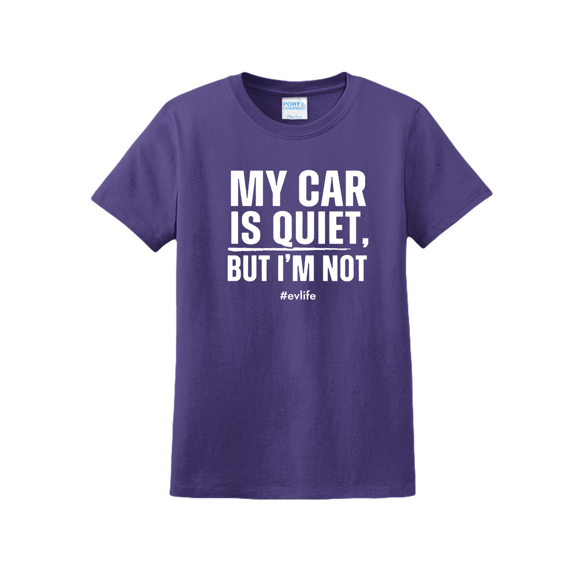 My Car Is Quiet women's EV graphic t-shirt in purple