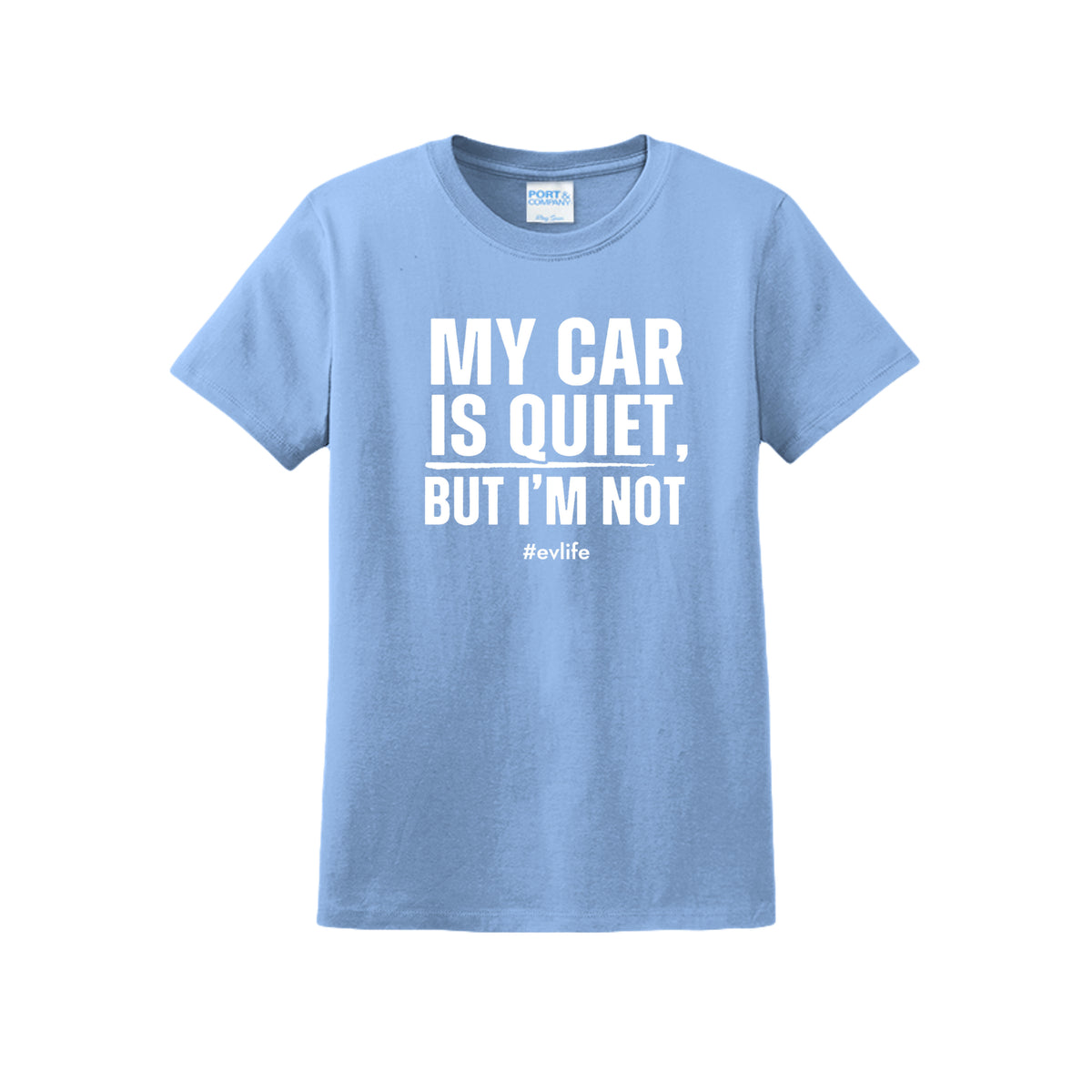 My Car Is Quiet women's EV graphic t-shirt in light blue